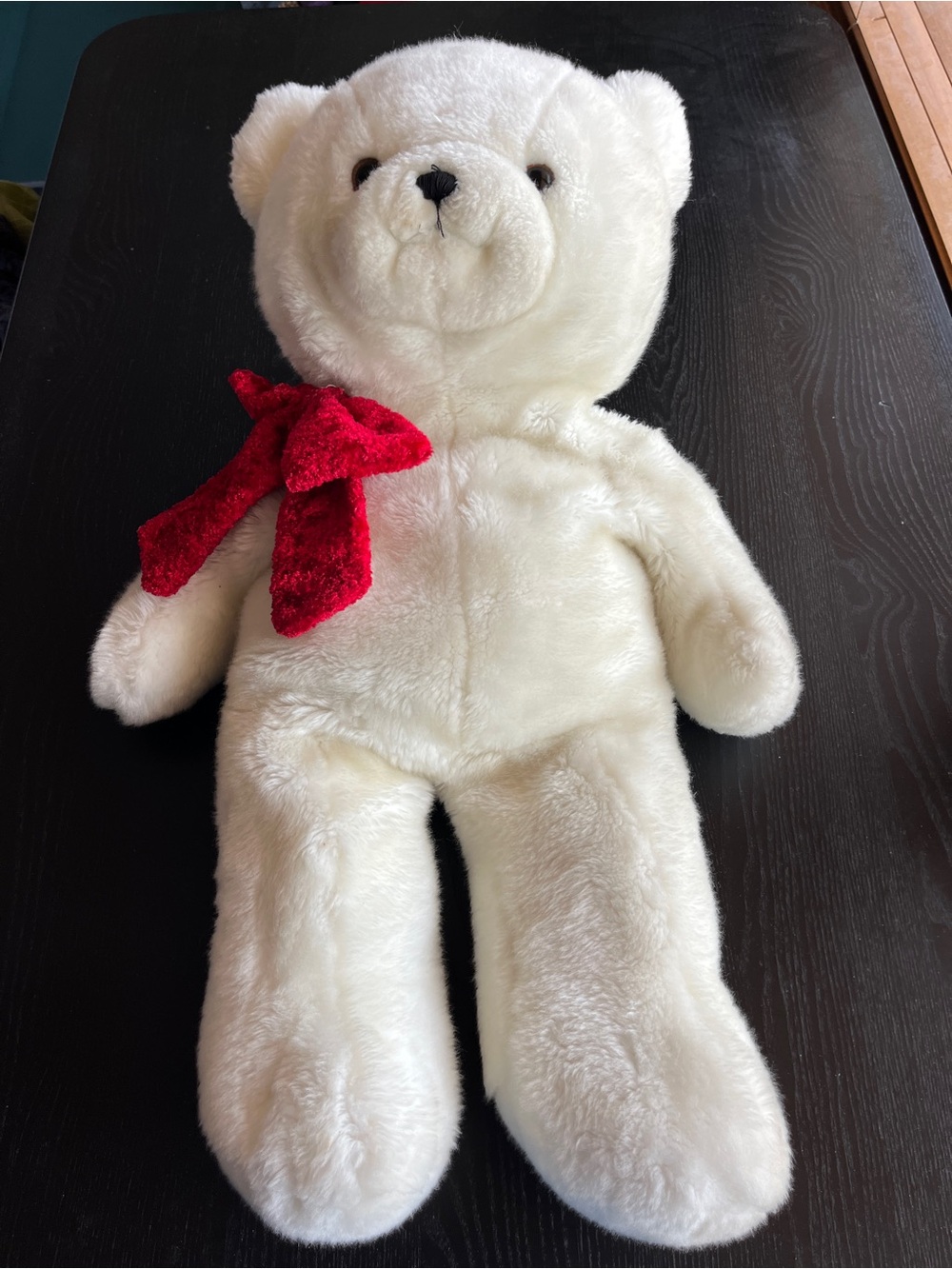 Vintage White Teddy Bear Plush Red Bow 30" x 12" Large Stuffed Animal